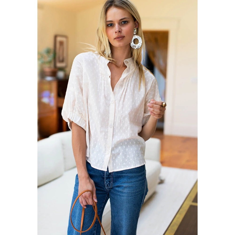 Emerson Fry Mandarin Collar Top - Salt Swiss Dot Organic
